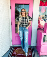 Load image into Gallery viewer, Plaid Bubble Sleeve Peplum Blouse
