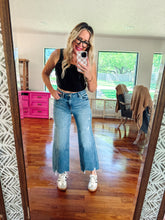 Load image into Gallery viewer, High rise medium wash crop wide leg jeans
