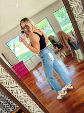 Load image into Gallery viewer, High rise medium wash crop wide leg jeans
