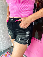 Load image into Gallery viewer, Mid rise patch black denim shorts

