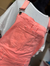 Load image into Gallery viewer, Neon Coral wash distressed overalls

