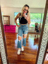 Load image into Gallery viewer, High rise medium wash distressed crop jeans

