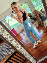 Load image into Gallery viewer, High rise medium wash distressed crop jeans
