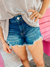 Load image into Gallery viewer, Risen Mid rise dark wash distressed shorts
