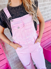 Load image into Gallery viewer, Pink distressed crop overalls
