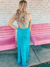 Load image into Gallery viewer, turquoise sequin LA FEMME womens formal dress, 2
