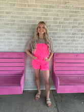 Load image into Gallery viewer, Neon pink wash distressed overalls
