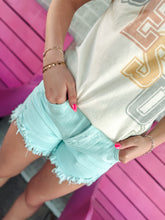 Load image into Gallery viewer, Mid rise mint denim shorts
