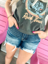 Load image into Gallery viewer, Tummy control mid rise dark wash denim shorts
