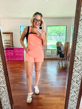 Load image into Gallery viewer, Neon Coral wash distressed overalls
