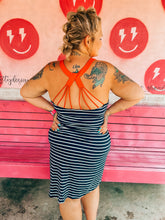Load image into Gallery viewer, navy stripes with coral back THML Womens Dress, XL
