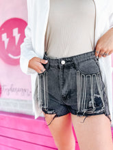 Load image into Gallery viewer, Blue B rhinestone fringe pocket denim shorts
