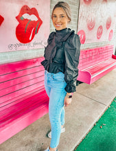 Load image into Gallery viewer, Black peplum long sleeve ruffle top
